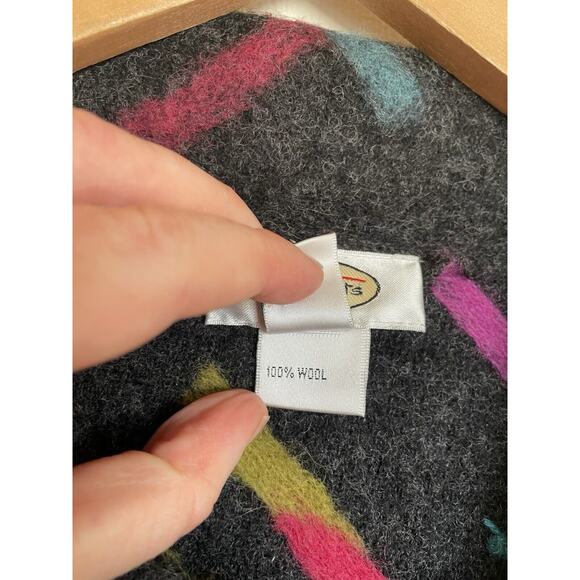 Vintage Talbots Boiled Wool Grey & Rainbow Disco Button Up Fringe Cardigan Med - Picture 4 of 9